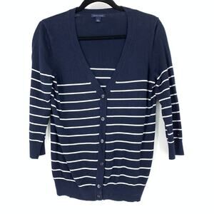 Tommy Hilfiger 3/4 Sleeve V-Neck Cardigan Sweater Womens Sz Medium Navy White